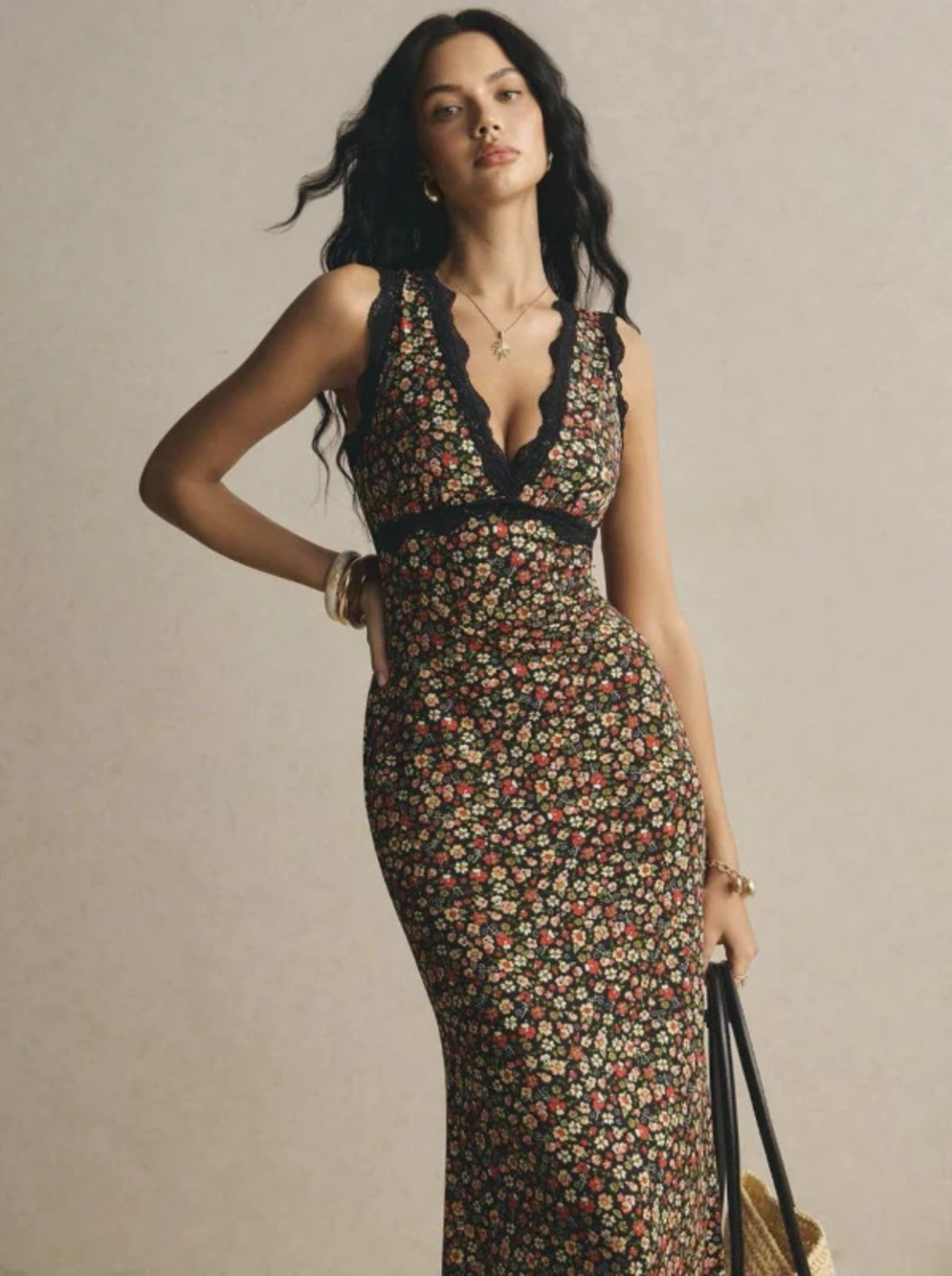 ZARA Office Chic Floral Print Spaghetti Strap Long Lace Trim Dress